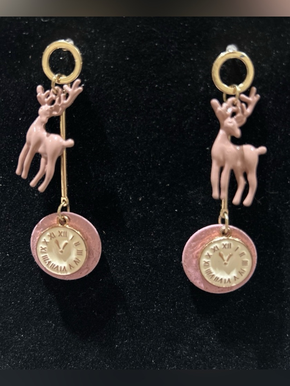 Pink Reindeer Drop Earrings with Clock Charm